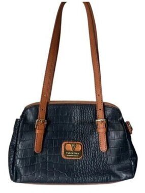 Valentina Black Croc Embossed Italian Leather Satchel Crossbody Handbag with rem